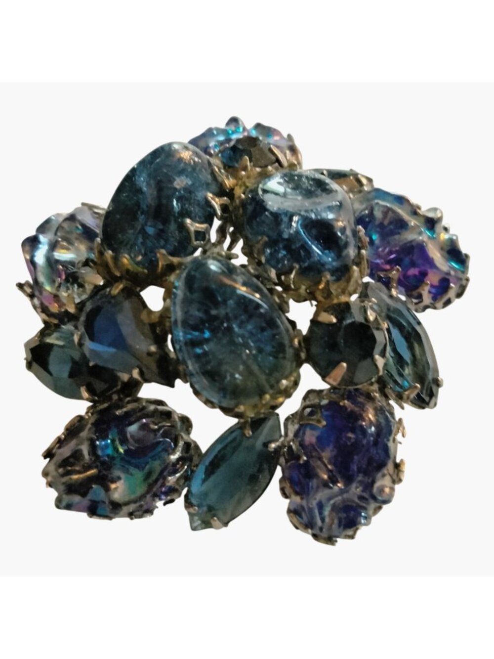 Vintage Blue Rhinestone Brooch Cabochon Cluster Aurora Borealis Floral Pin 2 In